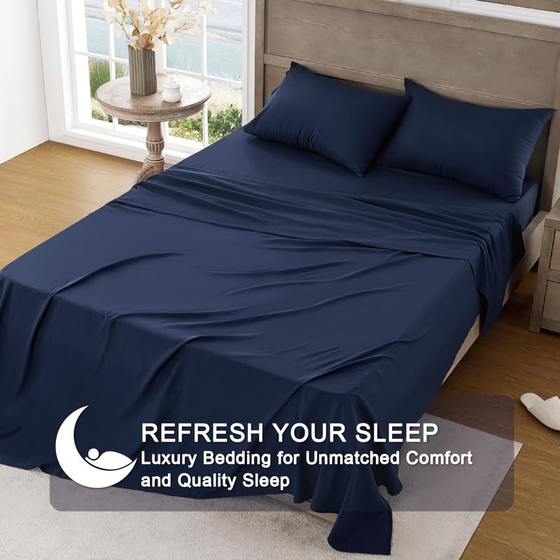 Image of FreshCulture Full Sheet Set - Ultra Soft Sheets Full Size Bed - Brushed Microfiber - Deep Pockets - Easy Care - Cooling & Breathable Sheets - 4 Pieces Hotel Luxury Full Size Bed Sheets (Navy Blue)