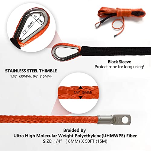 Tough 1/4" X 50 Ft 10,000Lbs Synthetic Winch Line Cable Rope With Black Protecing Sleeve For Atv Utv Winches Truck Boat (Orange) #TOP4