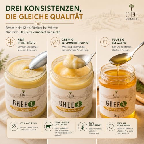 Cibo Bio Ghee 500g – Milch aus Parma & Reggio Emilia – Hergestellt in Italien – Weidekühe – Rauchpunkt 250°C – Aus Zentrifugensahne