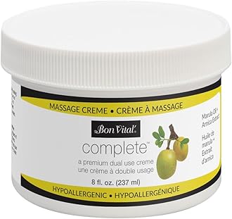 Bon Vital Complete Massage Creme, 8oz Jar, Unscented Non-Greasy Cream with Marula, Olive & Jojoba Oils, Hypoallergenic Moisturizer for Professional or Home Use, Premium Dual-Purpose, Massage Therapy