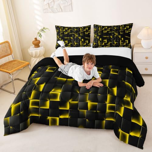Image of Erosebridal Geometric Checkered Comforter King Size Neon Black Gold Comforter Set for Kids Teen Men Gaming Room Decor,Abstract Ombre Plaid Bedding Set Grids Quilt Duvet