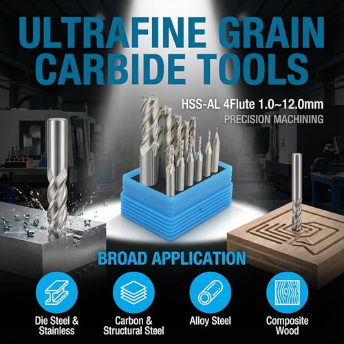 Image of EndMills 4 Flutes HSS-AL CNC Router Bit Cutting Tool Set 1.0-12mm for Steel Wood Aluminum Milling Cutter