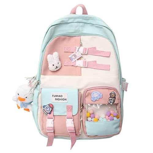 Kawaii Backpack with Rabbit Pins Duckling Pendant, Aesthetic Pastel Laptop Ita Bag, Cute Back to School Supplies Stationary (Green)