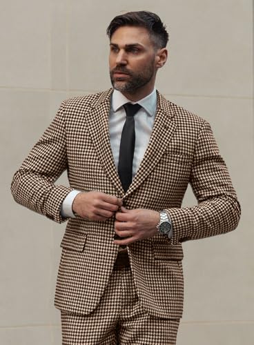 Houndstooth Mens Tuxedo Plaid Dogstooth Prom Wedding Party Groom Blazer Jacket Pant 2 Pieces Suits2