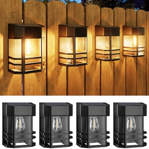 Woolmug 4 Pack Solar Fence Lights Outdoor Garden, Waterproof Retro LED Wall Lights, Auto On/Off...