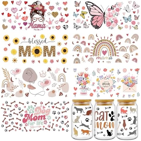 Rngmsi UV DTF Cup Wrap - 8 Sheets Boho Mama UV DTF Cup Wraps for 16 oz Butterfly Sunflower Affirmation UV DTF Wraps Waterproof Mom Flower Rainbow Uvdtf Cup Wraps for Glass Cups DIY Crafts Mom Gifts Cover