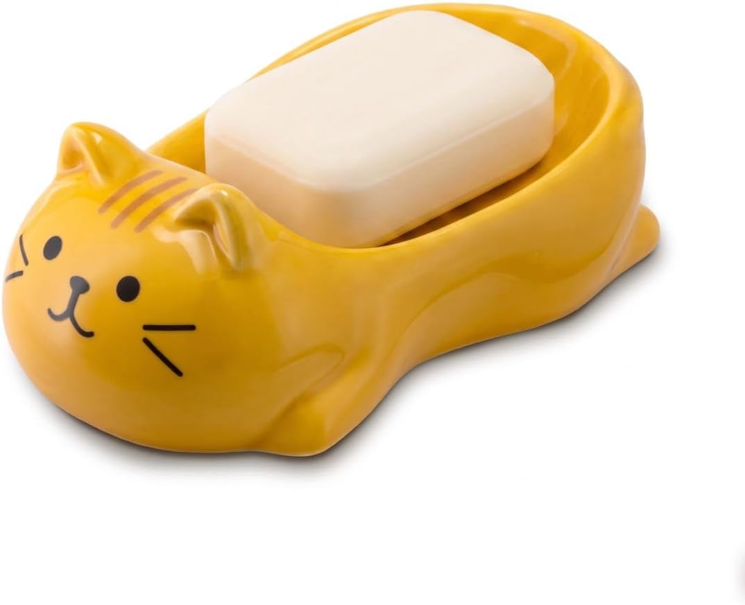 Cute Cat Decorative Soap Dish, Self-Draining Soap Holder Tray for Bathroom Shower, Kitchen Sink & Bathtub (Calico)