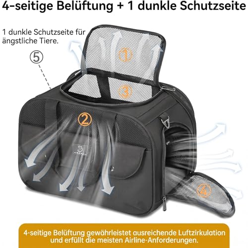 A 4 PET Transportbox Katze, Hundetasche Flugzeug für Kabine/Auto, Leicht Hunde Flugtasche mit patentieren Sicherheit Schnallen/4 Mesh/Aufbewahrungstasche, Schwarz
