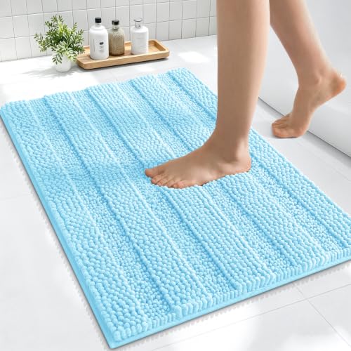 Image of Smiry Thick Small Chenille Bathroom Rugs 24x16, Soft Bath Mat, Sky Blue | Quick‑Dry & Machine Washable, Non‑Slip Bath Carpet, Striped Bath Rugs for Tub & Shower, Modern Home Decor Accessories