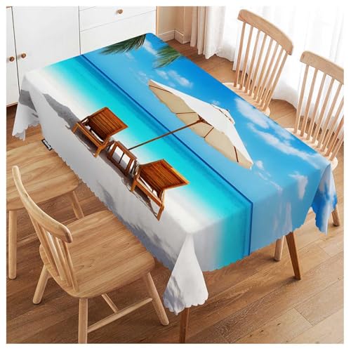 Swono Beach Chairs Rectangle Tablecloth Turquoise Sea Sand Beach Chair Palms Table Cloth Dining Table Cover for Home Kitchen Restaurant Party Buffet Picnic, 52x70 Inch