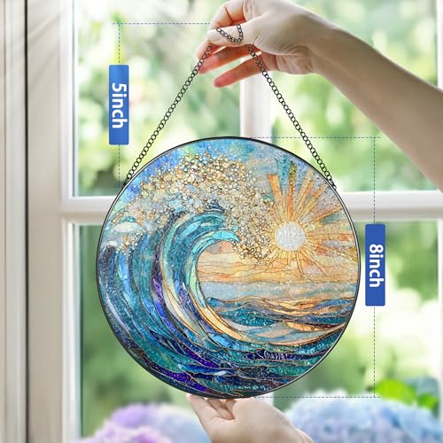 Sea Wave Stained Glass Suncatcher, 8 Inch Ocean Suncatchers for Window Hanging, Beach Lover Gifts, Beach Decor, Coastal Suncatcher, Gifts for Friends, Couples, Family, Colleagues by Pauyadu - Used condition - Image 4