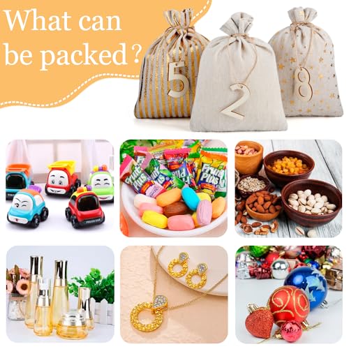 CLTPY DIY Festival Geschenksäckchen Adventskalender Säckchen Groß, Holzschild von Zahl 1-24 Jutesäckchen Adventskalender Beutel mit Glitzerdruck, Jutesäckchen Bastelset(13×18cm)