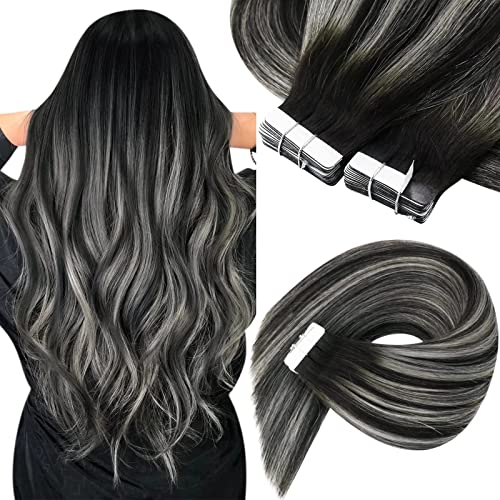 Sunny Tape in Extensions Black Ombre Tape on Human Hair Extensions Natural Black Ombre Silver Gray Hair Tape in Extensions Real Human Hair Black Ombre 20pcs 50g 14inch