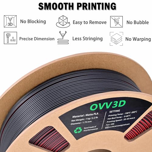 Image of OVV3D Matte PLA Filament 1.75mm, Red Black Dual Color PLA 3D Printer Filament,High Speed 3D Printing, + /-0.02mm 1kg