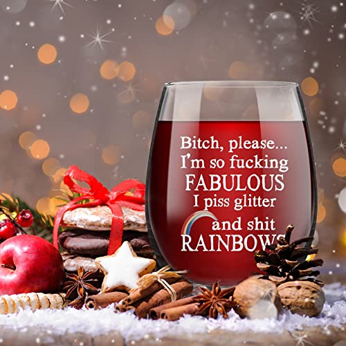 Funny Wine Glass Gift For Women 15Oz, Please I’m So Fabulous I Pee Glitter Stemless Wine Glass, Unique Inspirational Gifts For Women Best Friends Sisters Bff Girlfriends, Birthday Christmas Gifts #TOP4