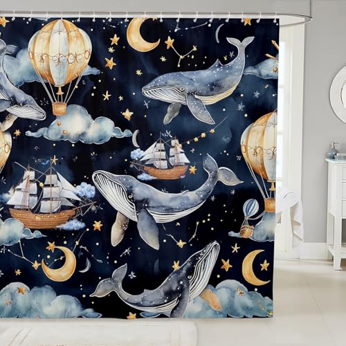 Watercolor Stars Sky Bath Curtain,Boat Whale Cloud Moon and Hot Air Balloon Bathroom Shower Curtain for Kids Boys,Cartoon Galaxy Animal Waterproof...