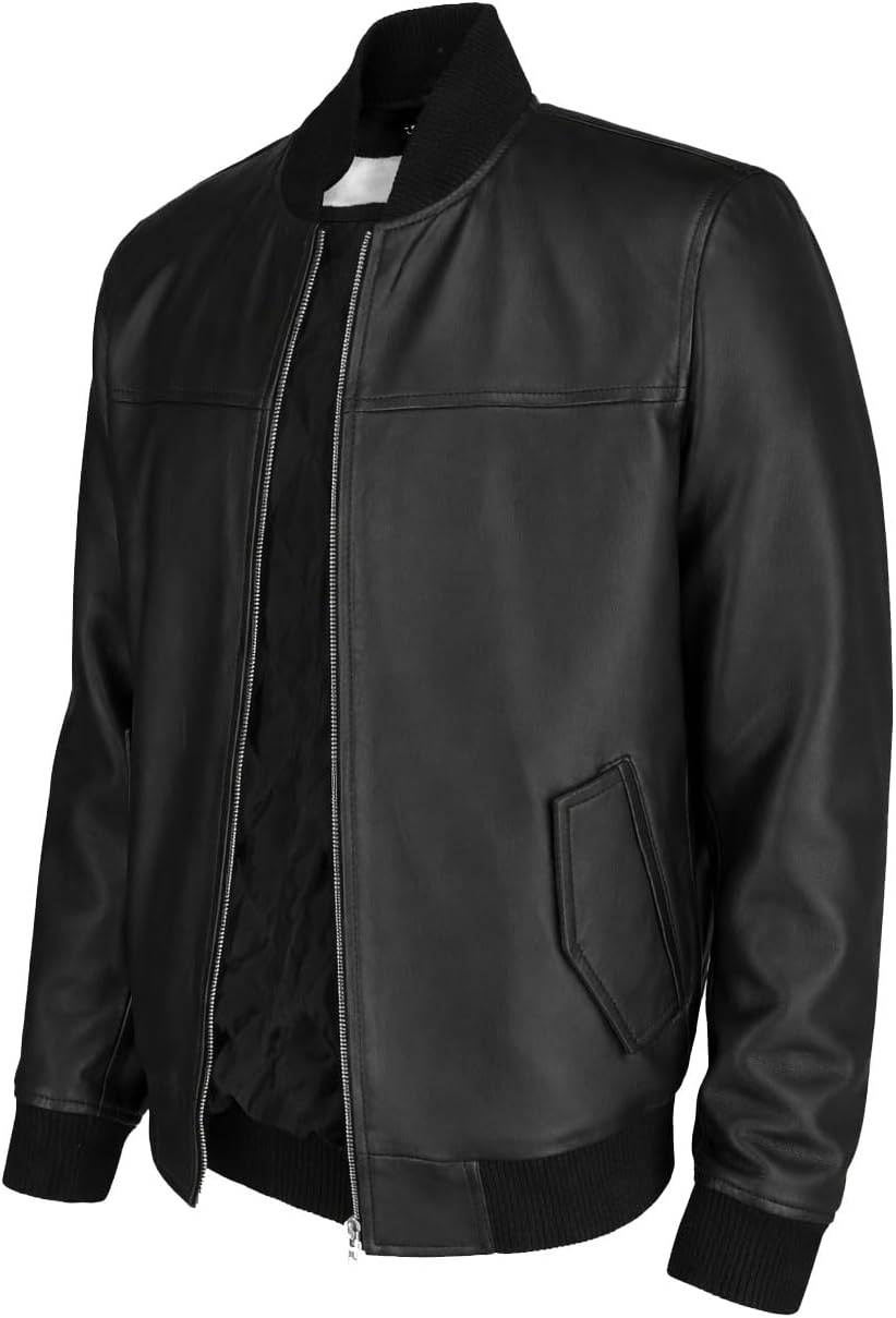 TLC Varsity Bomber Jacket Men | Ribbed Style Sleek Black Leather Bomber Jacket Men - Image 5