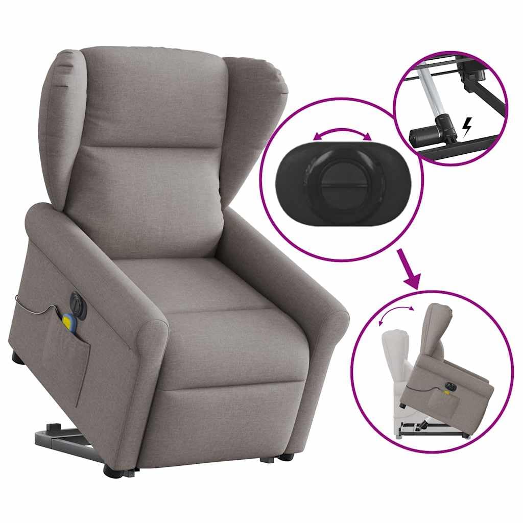 Sillón elevador eléctrico reclinable de tela gris con 6 puntos de masaje, función de elevación y reclinación eléctrica a 135 grados, estructura