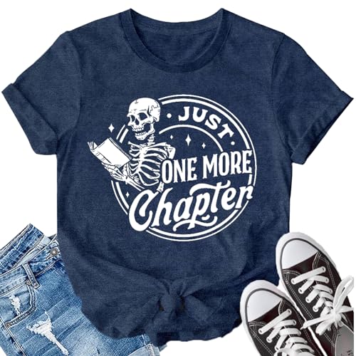 LBP Womens Skeleton Reading Shirts Book Lovers Funny Reading T-Shirt Just One More Chapter Tee Tops Blue