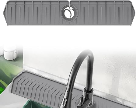 Foldable Kitchen Sink Faucet Mat, 76CM Thickened Faucet Mat for Kitchen Sink, Multi-Purpose Splash Guard & Drying Pad with Adjustable Holes & Snap Lock Grey