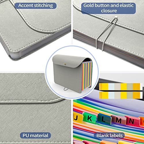 Sooez 24 Pockets Accordion File Organizer, Letter Size, Durable Leather Expanding File Folder, Paper Bill Tax Receipt Organizer, Large Capacity Document Holder With Blank Labels, Light Gray #TOP4
