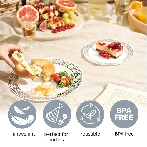 MATANA 40 Premium White Plastic Plates with Silver Lace Rim - 20x 26cm Dinner Plates, 20 19cm Side Plates - Elegant Party Plates, Reusable Plastic Plates for Weddings, Birthdays, Picnic, Parties - 6