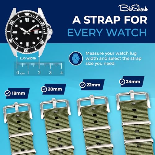 Image of BluShark - Original Collection Military-Style Waterproof Watch Strap, Fits All Timepiece Brands, Durable Nylon Wristwatch Accessories with Stainless Steel Buckle - 18mm, 20mm, 22mm & 24mm Watch Bands