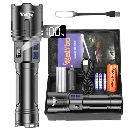 Relybo Lampe Torche LED Ultra Puissante 1,000,000 Lumens, XHM90.2 Lampe De Poche Rechargeable USB C, IPX6 Lampe Tactique Torches, 2 Interrupteurs Variation Infinie Flashlight, Pour Camping et Urgences