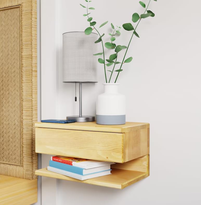 Table de chevet flottante en bois avec tiroir et étagère de nuit moderne