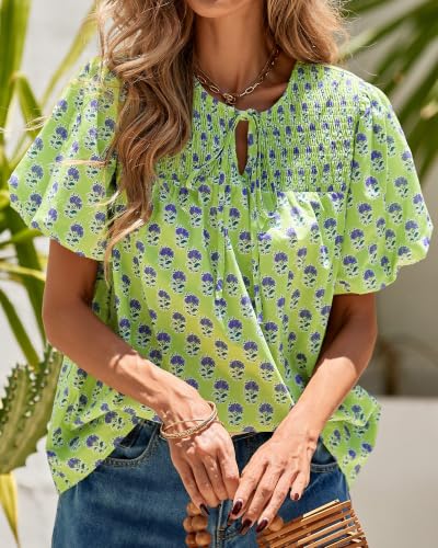 KIRUNDO Boho Tops for Women Summer 2026 Dressy Floral Blouse V Neck Drawstring Short Sleeve Shirts Beach Vacation Clothes(Green, X-Large) — view 5