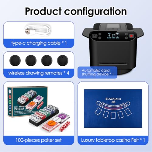 Image of Automatic Card Shuffler and Dealer 2-in-1 with Extra Gift 100PCS Poker Set and Casino Felt - Support 12 Players, 4 Drawing Remotes, Built-in Gameplays, 360 /180 Deal, 2 Decks for Poker, Phase 10