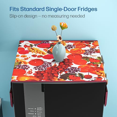 Image of Kuber Industries PVC Fridge Organizer Set, (Fridge Mat, 2 pcs Refrigerator Handle & 1 Refrigerator Top Cover) | Top & Handle Cover and Mat | Print - Fruit