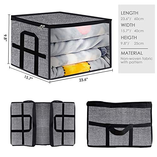 Foldable Large Comforter Storage Bags Organizers, Breathable Linen Closet Organizers for Blankets, Clothes, Create Extra Storage with Clear Window, Set of 3 Black with Printing - Thumbnail 4