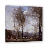 FRTDSAG Rinderhirte Auf Einer Lichtung Am TeichKlassisches Landschaftsbild Leinwandbild Vintage Wanddeko Französischer Stil20x20cm Ungerahmt