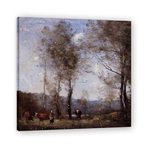 Tableau nature sur toile vacher dans une clairière près d'un étang paysage français 20x20cm
