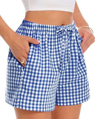 Image of Women Boxer Shorts Gingham Drawstring Pajama Bottom Plaid Pants with Pocket