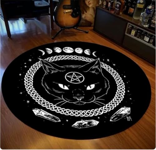 PASPRT Alfombra Redonda Alfombra De Decoración del Hogar Alfombra Redonda Gótica Satánica para Mascotas Alfombra De Dormitorio Adivinación Negra 100Cm