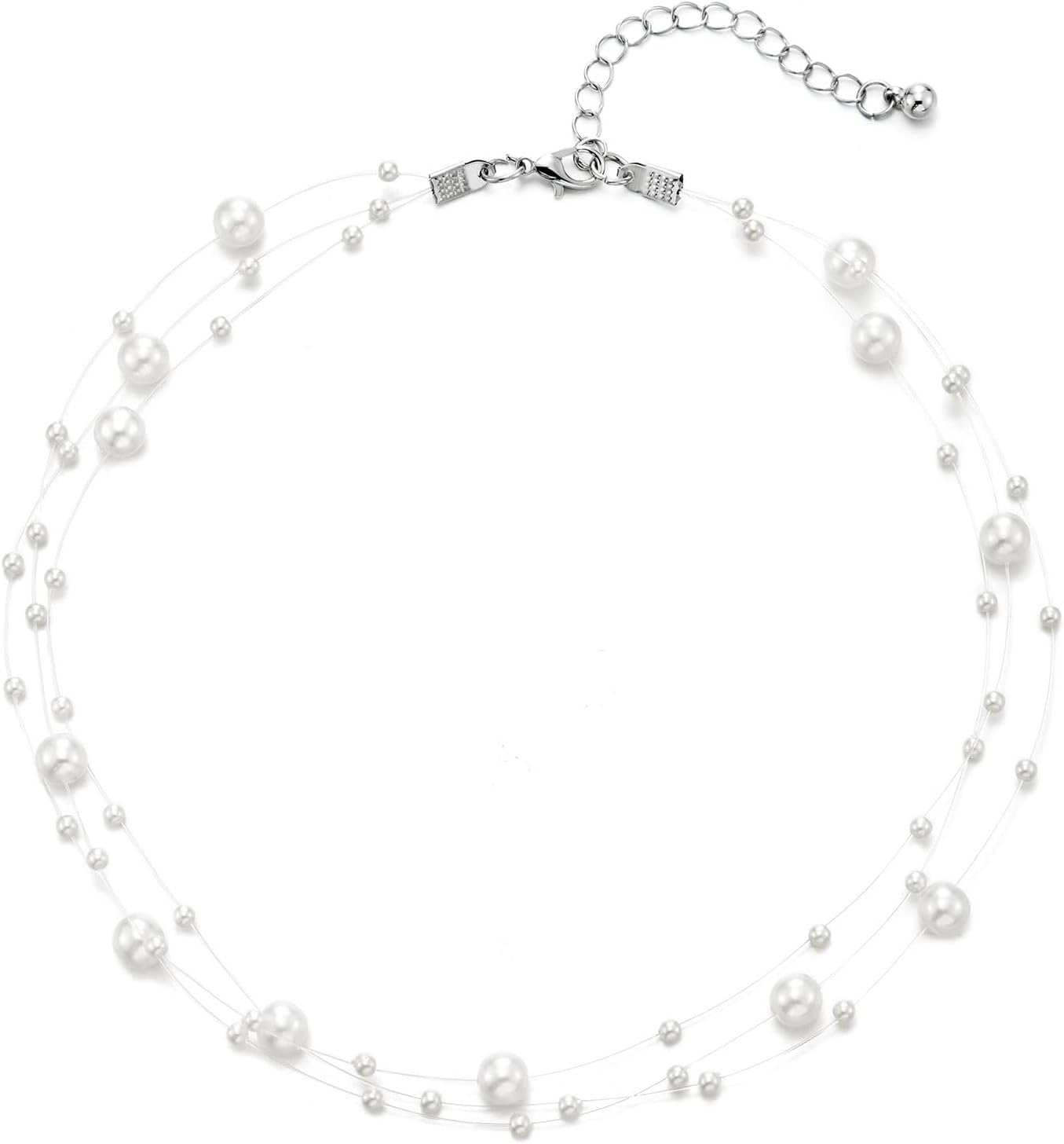 Floating Pearl Illusion Choker Necklace for Women Dainty Faux Pearls on Invisible Wire Minimalist