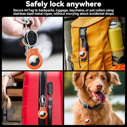 Image of Meliya at Holder for Apple at Secure Holder with Wire Cable, 4 Pack Air Tag Lock Case Keychain Key Ring Key Chain Luggage Tag for Keys, Luggage & More - Orange
