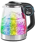 hhn Wasserkocher mit Temperatureinstellung, Edelstahl Glas Elektrischer 5 Temperaturwahl, 50-100 Grad C Farbwechsel LED Temperatur Glaskessel, 2 Stunden Warmhaltefunktion, BPA-Frei, 8008, Silver