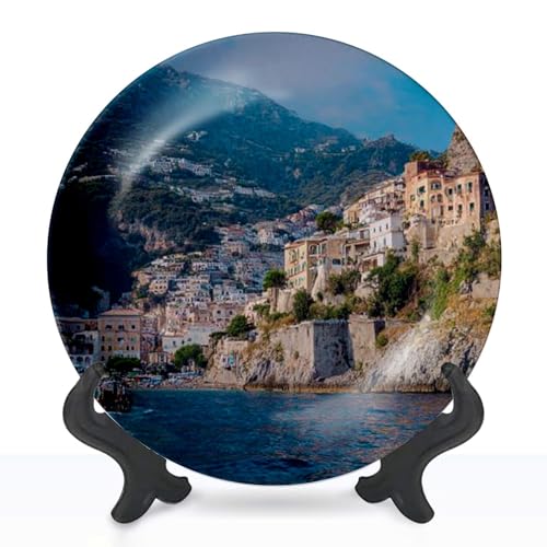 Decorative Plates for Display with Stand View colorful buildings cliffs Positano Italy boats anchored blue Ceramic Dinner Plates for Wall Hanging Kitchen Housewarming Gifts Home Decor 8