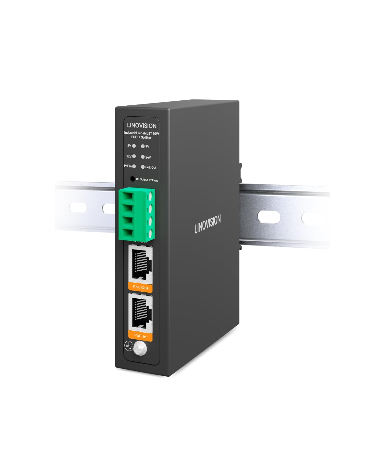 LINOVISION Splitter Poe++ Gigabit Industriale 90W con IEEE802.3bt e Uscita DC 5/9/12/24V, Montaggio su Guida DIN, da IEEE802.3bt a Poe e Alimentazione DC per Telecamere PTZ, Sistemi di Accesso