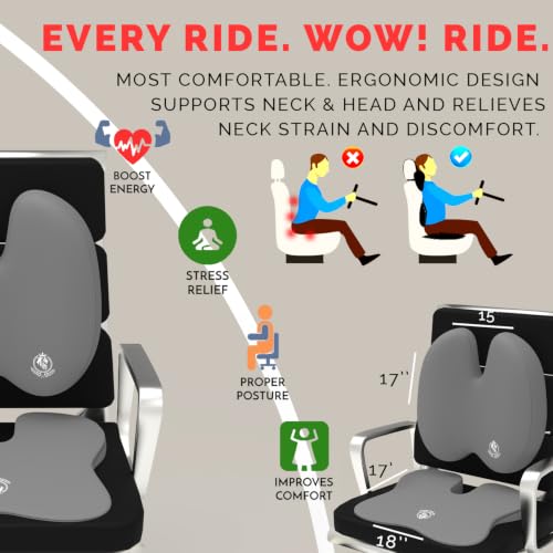 Image of MRRON Car Seat and Coccyx Pillow Kit Memory Foam Back Support and Siting Cushion Ergonomic Adjust Sitting Position Relief Pain for Car or Office Chair (Grey, Backpro)