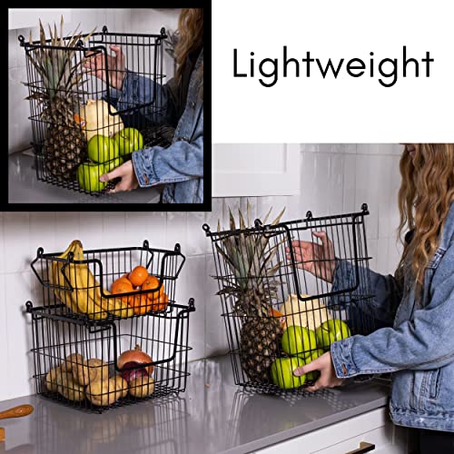 BIRDROCK HOME 3pc Stackable Wire Storage Bins - Fruit Vegetable Organizer - Modern Farmhouse - Pantry Cabinet - Metal Bin for Kitchen Countertop - Bathroom Storage - Black by BIRDROCK HOME - Used condition - Image 8