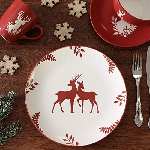 Christmas Dinner Plate Set of 4 Reindeer Stag Print Festive Tableware Stoneware Dinner Plates White Dinner Set