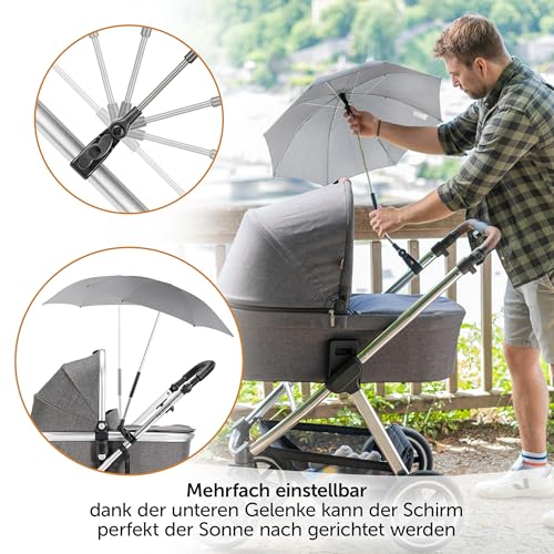 Zamboo Universal Sonnenschirm UV 50+ für Kinderwagen & Buggy | flexibler Sonnenschutz mit 73 cm Durchmesser, einfach montierbar auf Rund- und Ovalrohre - Grau