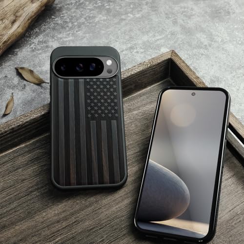 Carveit Magnetic Wooden Case for Pixel 10 Pro Google 10 Pro Case, Wood Artisan Engraved & Soft TPU Shockproof Cover, Compatible with MagSafe Wireless Chargers (The Classic American Flag) Blackwood by Carveit - Image 5