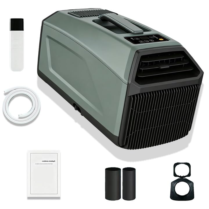 Aire Acondicionado Portátil Doble Tubo, 5000 BTU Aire Móvil HVAC Off Grid, 400W Compatible Batería para Tienda Camping, Vehículo, Taller, Pantalla Táctil