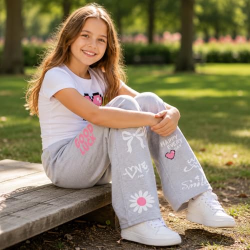 Image of Girls Clothes 2 Piece Cute Pixel Heart-Print Top Graffiti-Print Pants Sets | Trendy Y2K Inspired Outfit with Fitted Top and Wide Leg Bottoms, Casual Streetwear for Teens Girls 7-14Y