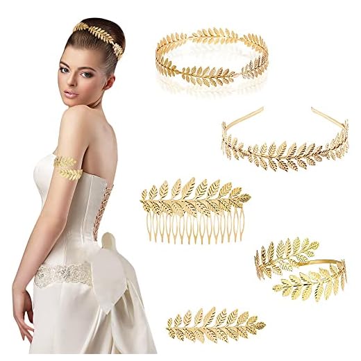 LYTIVAGEN 5 Stücke Lorbeer Haarschmuck Römische Krone Stirnband Griechische Göttin Schmuck Goldenes Haarband Lorbeerkranz Goleden Römische Göttin Haarreif Armband Lorbeer Kopfschmuck für Hochzeit